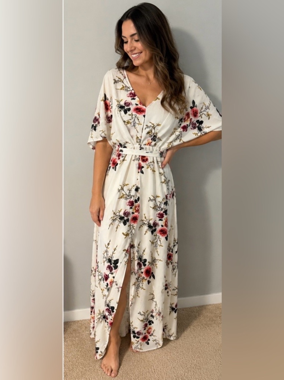 YOINS Cream Floral Wrap Maxi Dress with Pink & Red Blooms